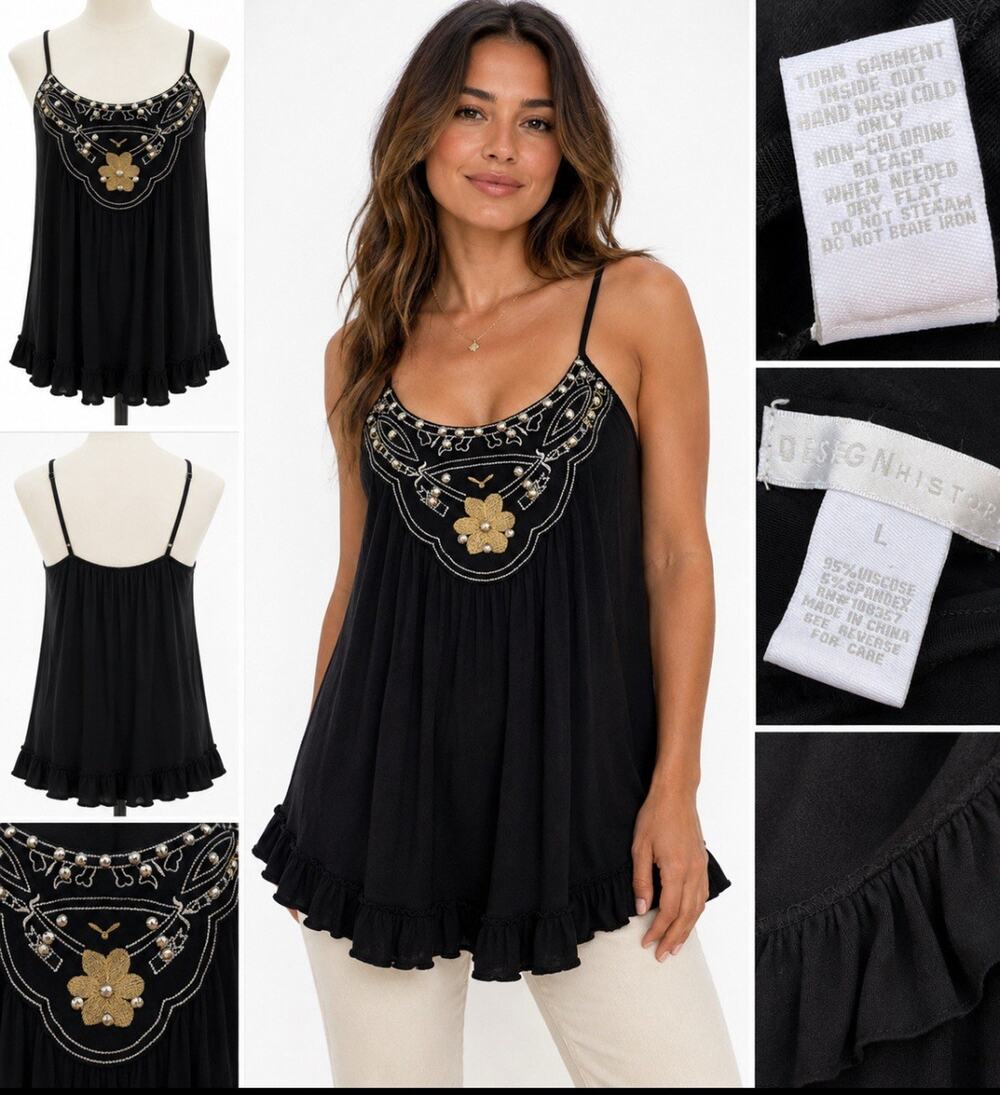 Y2K Boho Indie Sleaze Design History Embellished Swing Tank Top Size Large Black